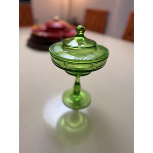 Vintage Green Pedestal Candy Dish with Lid